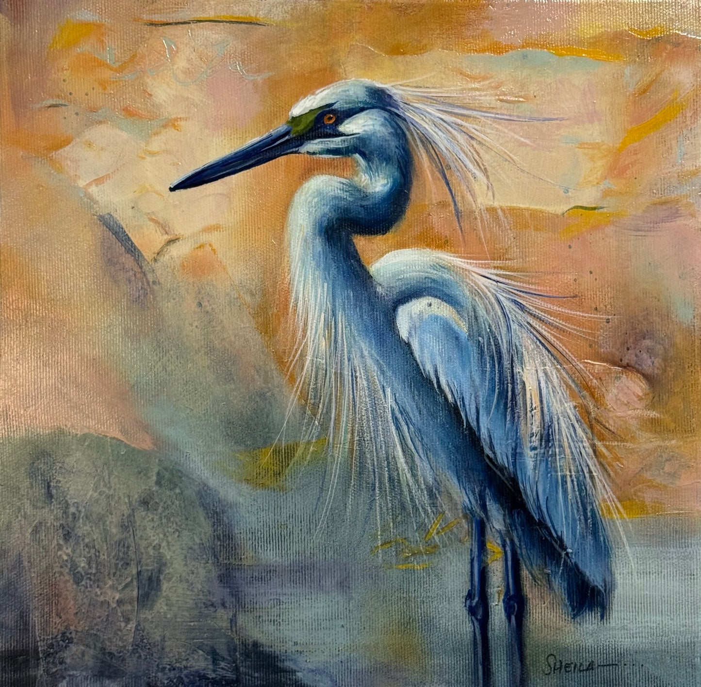 Blue Heron in Orange
